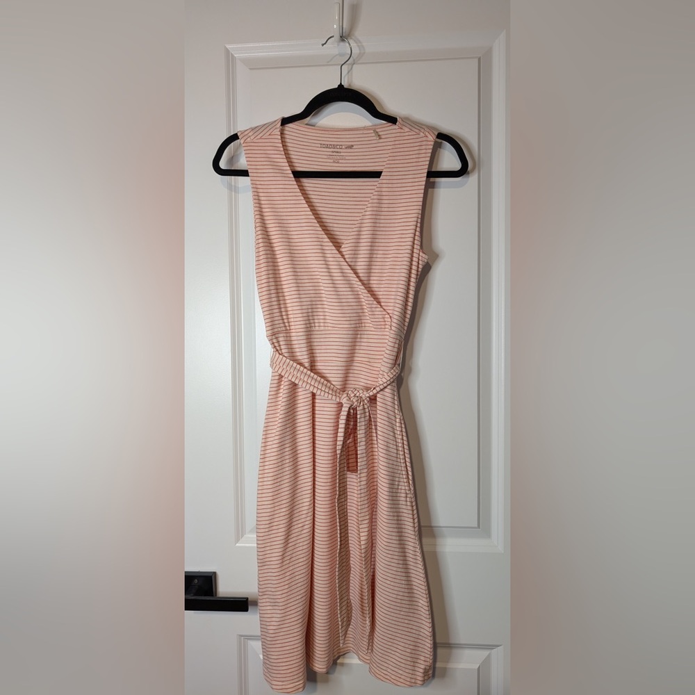 Toad&Co Women’s Cue Sleeveless Faux Wrap Dress Red White Stripes Size Small